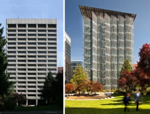 The original 1974 building (right) and today, following its high-efficiency makeover. Credit: SERA (left) and Nic Lehoux (right)