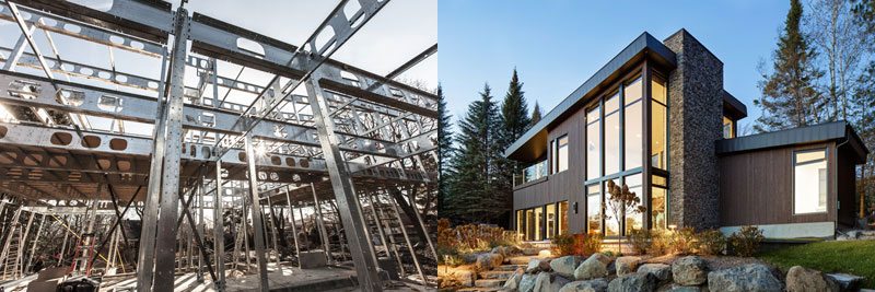 Two photos - one of steel structure and one of completed house. Credit: BONE Structure.