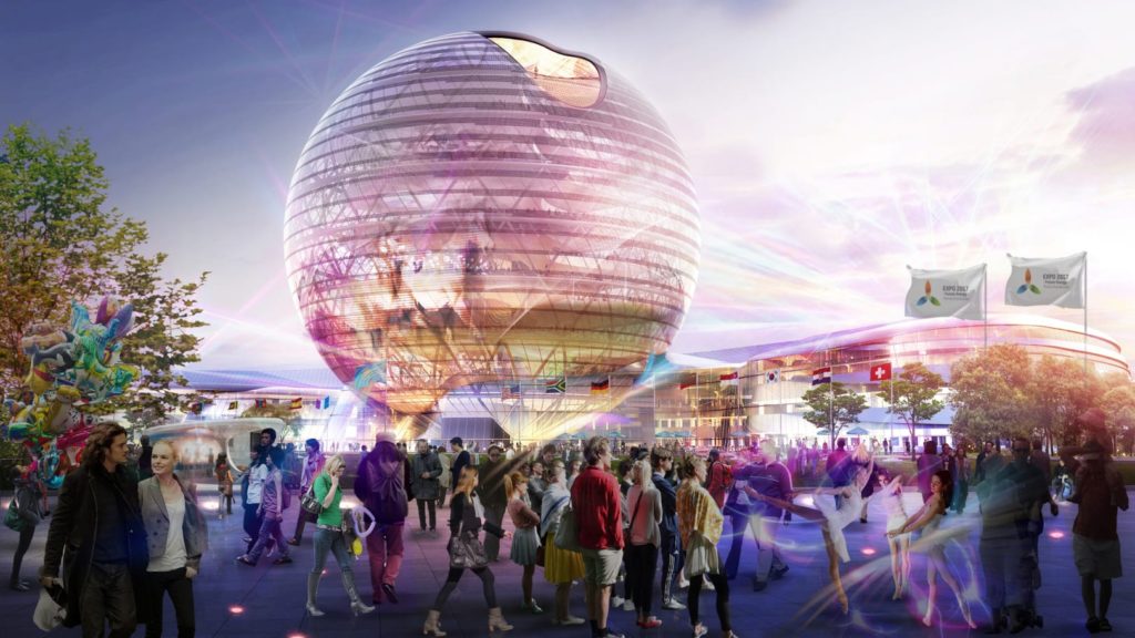 The Kazakhstan Sphere will act as a s a science museum for the research and development of alternative energy sources, located at the center of the Expo. Courtesy of Adrian Smith + Gordon Gill Architecture