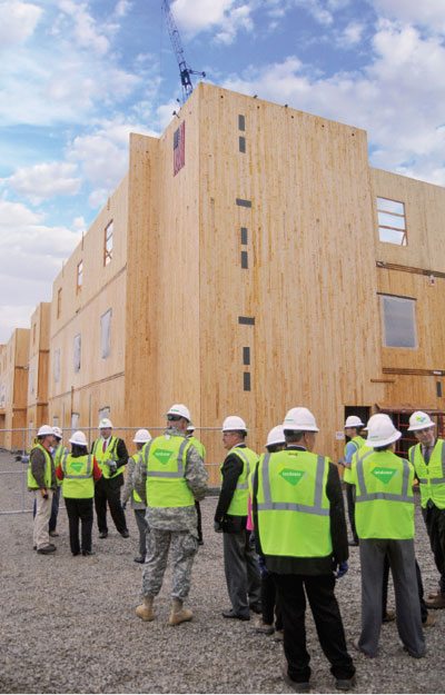 According to the updated WoodWorks Carbon Calculator, the new Candlewood Suites hotel at Redstone Arsenal, which is made entirely from cross-laminated timber, stores 1,276 metric tons of CO2 (equivalent) in its wood products. Credit: Lendlease