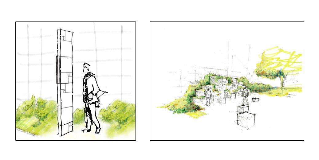 Conceptual sketches of wayfinding signage and Innovators Walk of Fame blocks inspired by the proportions of the Golden Section. Image Credits: Ex;it