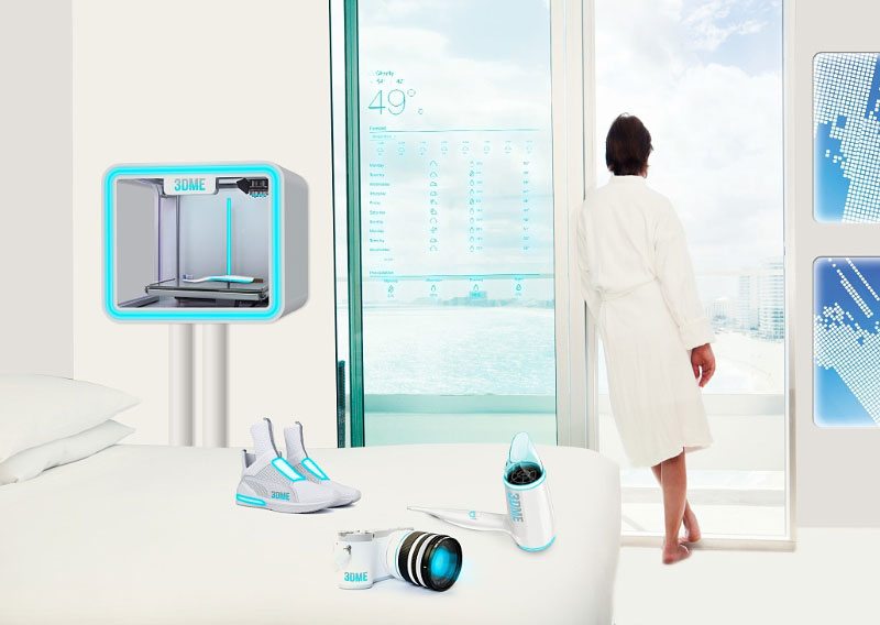 The Smart Hotel Room Unveiled: 3D printers, smart toilets, morphing beds and face recognition entry. Image: 3D Makers in every hotel room. Courtesy of Hotels.com