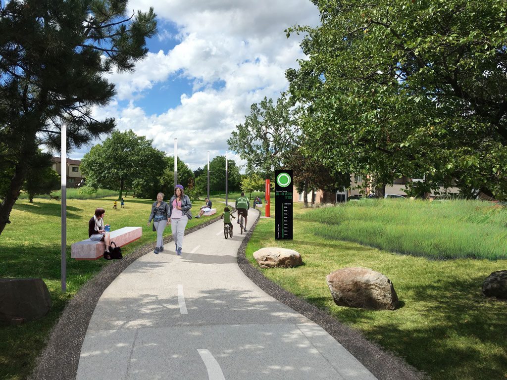 Improved Campau Greenway Concept. East Riverfront Renderings. 
