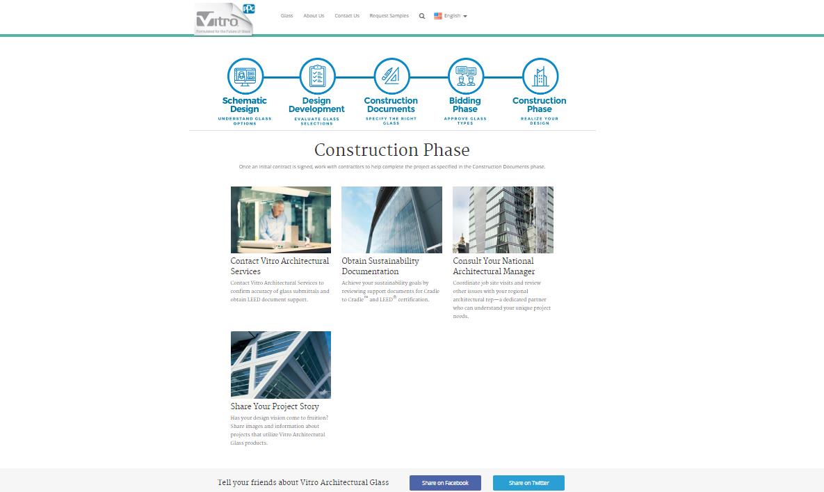 The five design stages and related Vitro Glass resources include: Schematic Design, Design Development, Construction Documents, Bidding and Construction.