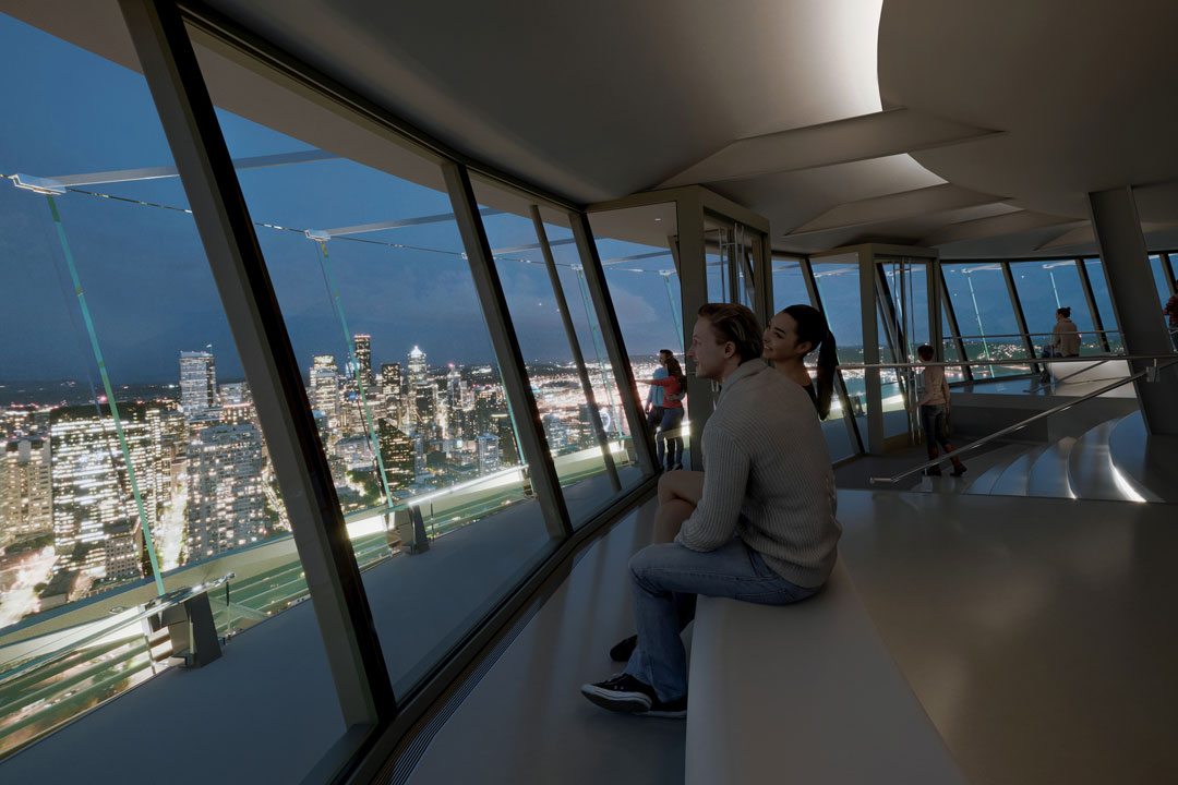 The renovated Observation Deck will include interior enhancements include new floor-to-ceiling glass walls, new doors, stairs and accessibility connecting the interior and external, updated interior finishes, and new elegant lighting to let guests better enjoy the view. Rendering: Olson Kundig