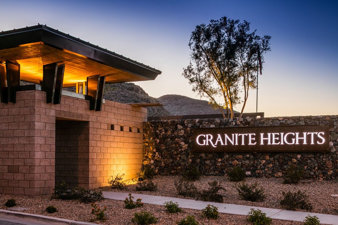 Granite Heights entry gate monument at twilight. Photo credit: Christopher Mayer Photography