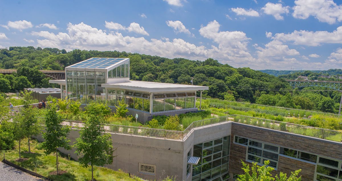 Designed to be the greenest building in the world, the Center for Sustainable Landscapes (CSL) at Phipps Conservatory and Botanical Gardens generates all of its own energy and treats all storm and sanitary water captured on-site. It is the first and only building to meet four of the highest green certifications: Living Building Challenge, the world’s most rigorous green building standard; LEED® Platinum — tied for the highest points awarded under version 2.2; first and only Four Stars Sustainable SITES Initiative™ (SITES™) for landscapes project (pilot); and first WELL Building Platinum project (pilot). Primary biophilic design patterns of the CSL include abundant daylight, views to nature, operable windows, and a natural, regional material palette. One of the additional key features include an accessible, native-vegetation rooftop garden. Photo credit: Paul G. Wiegman.