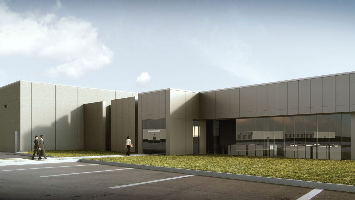Iowa data center front view. Apple’s $1.3 billion investment will create over 550 construction and operations jobs in the Des Moines area.