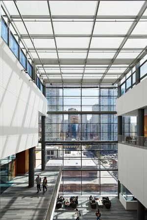 Schreiber Center at Loyola University Chicago –The raised glass roof of the LEED Gold building’s multi-story atrium aids natural ventilation through stack effect, and windows at the top are oriented to take advantage of prevailing winds.
