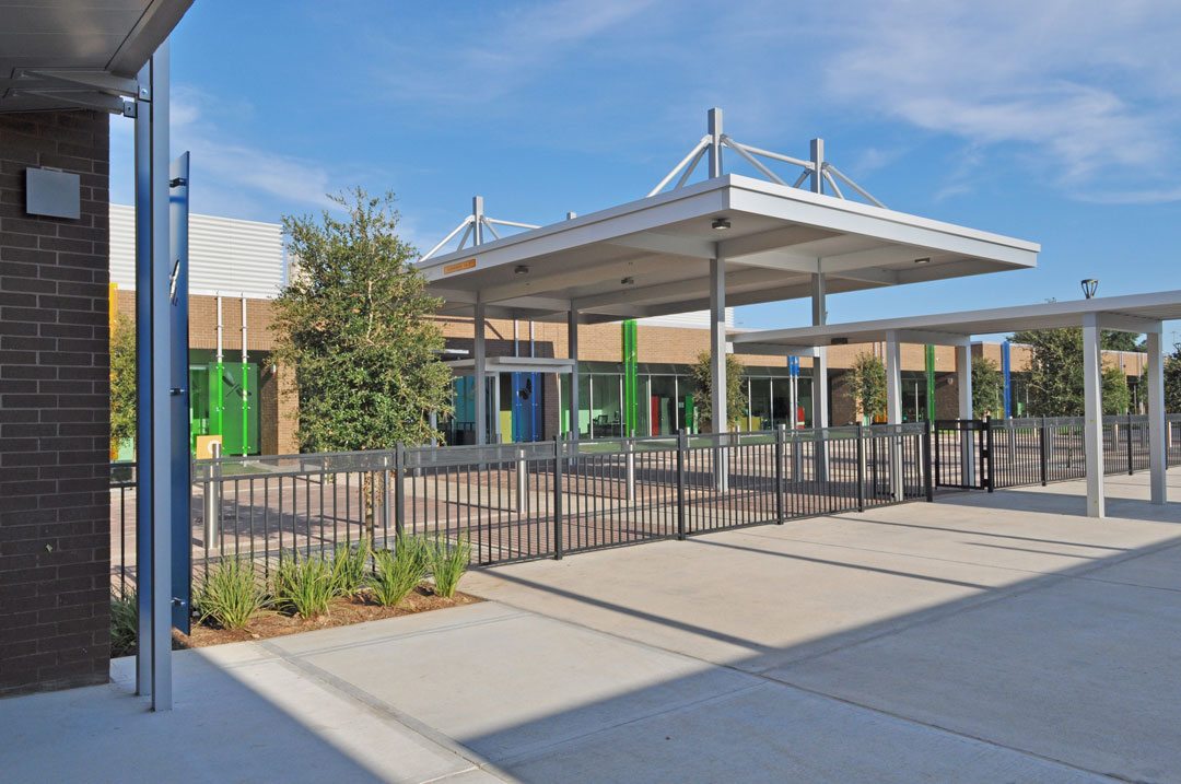 View from multipurpose room across Boulevard towards Building C Entry at the Awty International School in Houston. Copyright Shepley Bulfinch