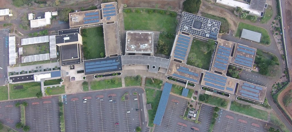 Leeward Community College. Through a combination of solar shade canopies, distributed energy storage and energy efficiency measures, Leeward Community College will reduce fossil fuel consumption by 98 percent. Credit University of Hawai‘i