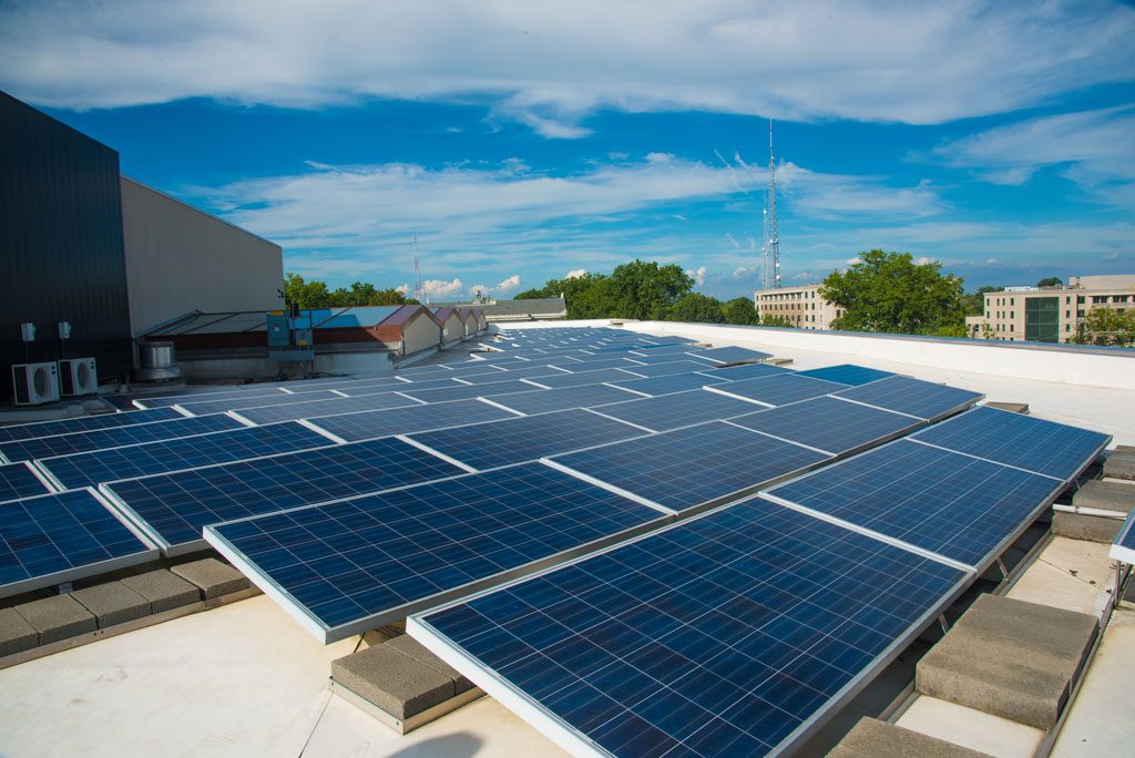 Solar photovoltaic panels, solar thermal panels, and a passive solar wall are all found on the roof of the LEED Gold certified School of International Service. Courtesy American University, by Jeff Watts