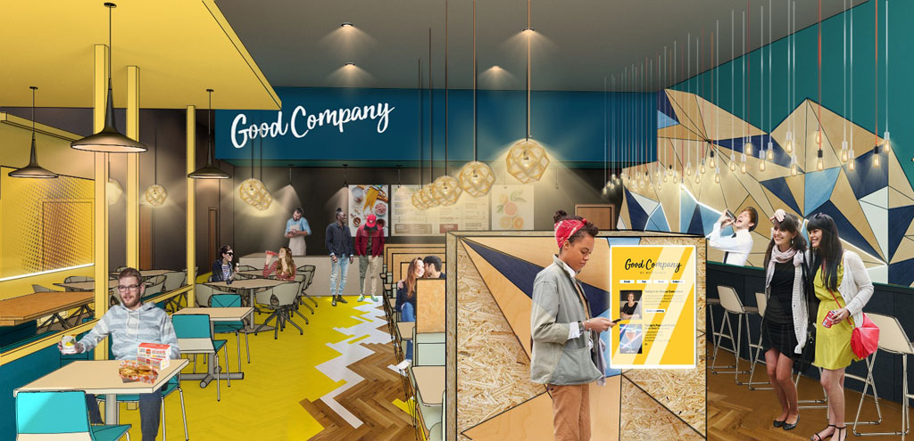 Sherwin-Williams 2018 Student Design Challenge first place winner in the commercial category: Rose Phillips of Ohio State University for versatile restaurant design featuring geometric patterns.
