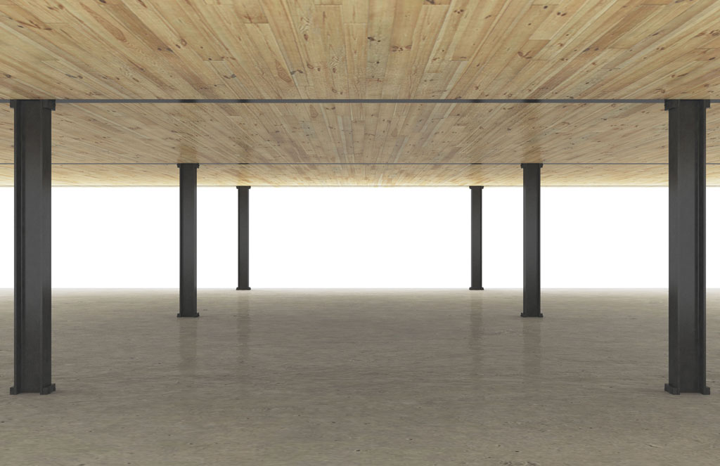 Steel and timber system rendering with cross-laminated timber floor planks, steel beams and columns and composite concrete topping slab. Rendering © Skidmore, Owings & Merrill LLP (SOM)