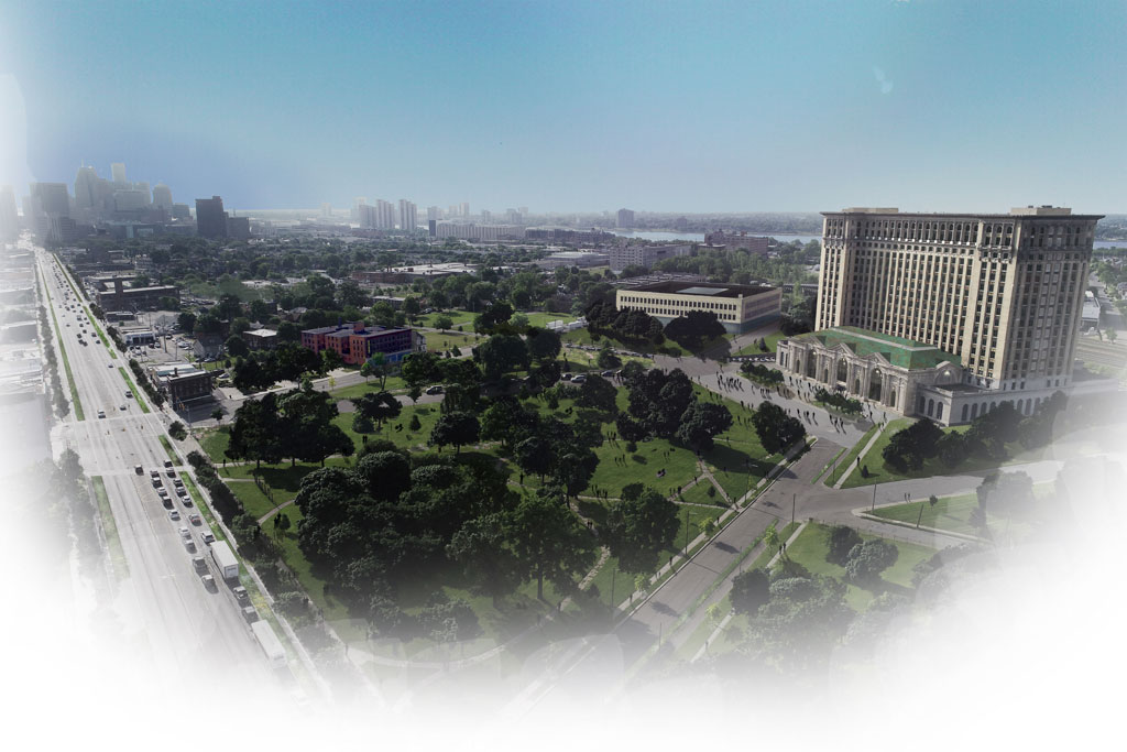 Ford will renovate Michigan Central Station into a magnet for high-tech talent and a regional destination with retail, restaurants, residential living, modern work spaces and more. Conceptual rendering shown.