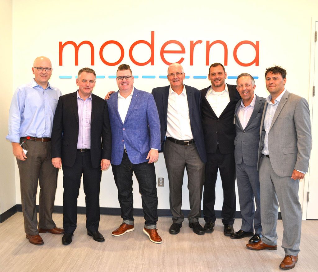 The DPS Group and TRIA project team for the completed Moderna Therapeutics facility includes (L-R): Ryan Wills (DPS Group), Gerry Hamill (DPS Group), Sherwood Butler (TRIA), Frank Keogh (DPS Group, CEO), Tim Layne (DPS Group), Jim Grunwald (DPS Group), Matt Hubbs (DPS Group). Image courtesy of DPS Group