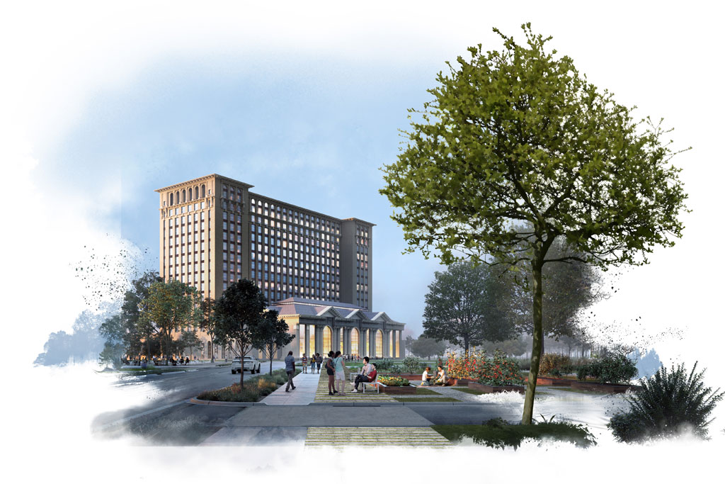 Ford will renovate Michigan Central Station into a magnet for high-tech talent and a regional destination with retail, restaurants, residential living, modern work spaces and more. Conceptual rendering shown.