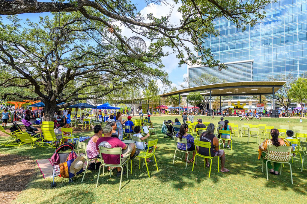 Levy Park: The 42,000 SF event law offers flexible site furnishings and plenty of space for relaxation and social interaction with the year-round programming initiatives and daily rosters of activities such as yoga, Zumba, concerts and more. Photo credit: Geoff Lyon