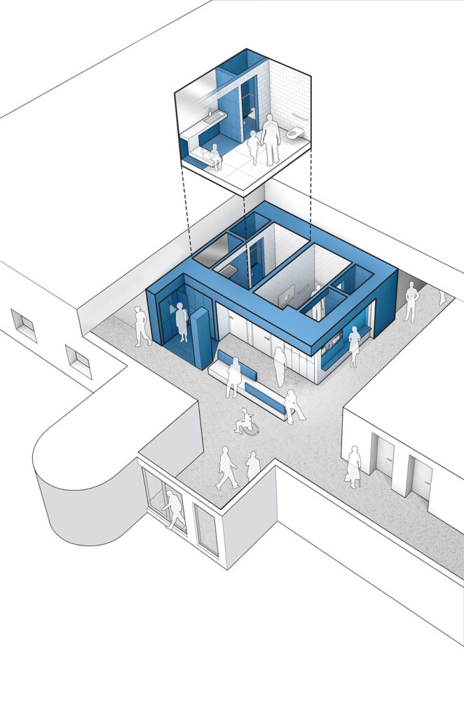 On the lower level of the Field House, we are creating two inclusive changing rooms. Located off the main entry, the all-gender changing rooms act as a vestibule that welcomes visitors entering the building. Image courtesy of JSA (Joel Sanders Architect) and Brenna Thompson (Yale School of Architecture)