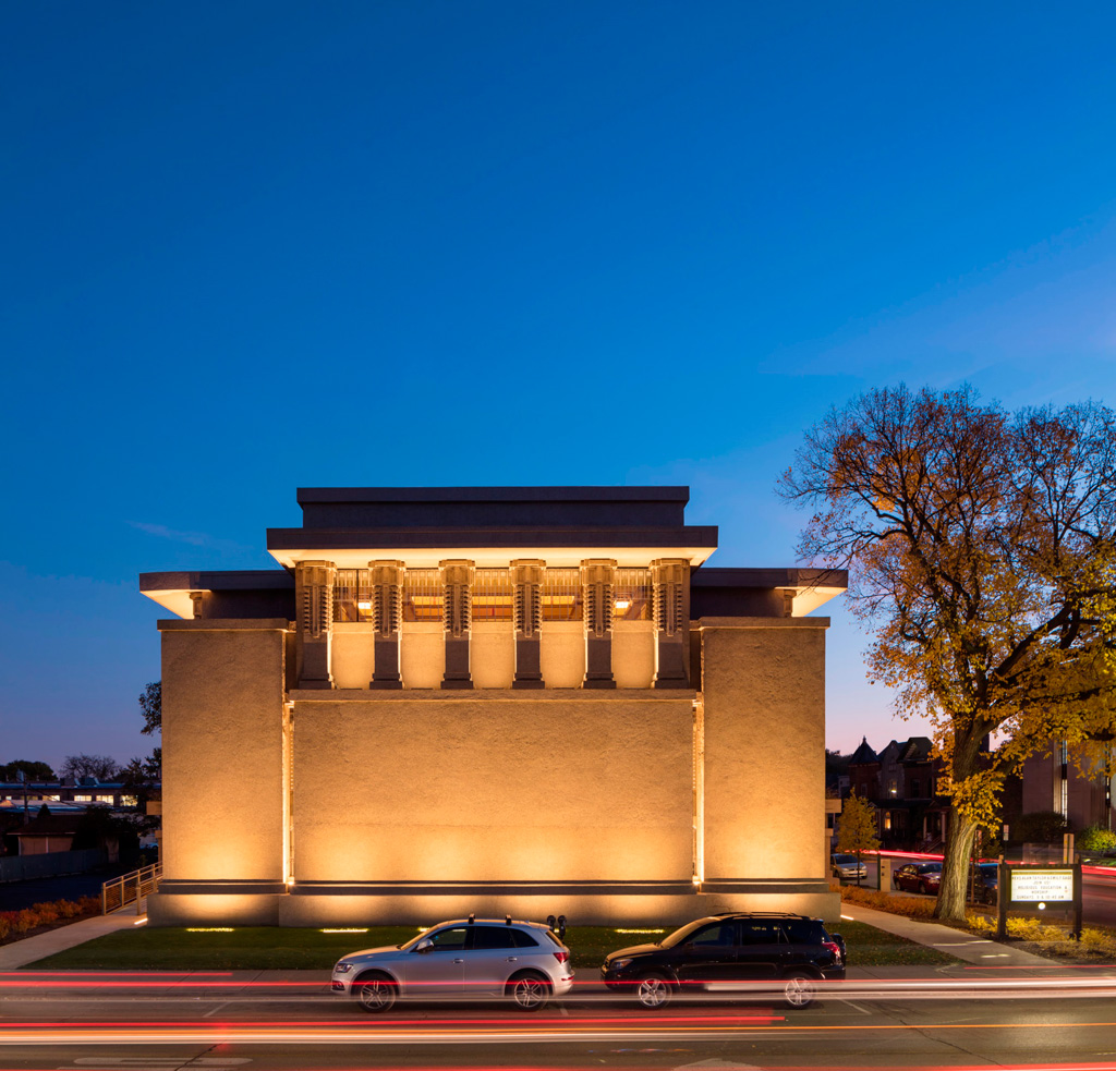 Harboe Architects, PC.’s preservation of Frank Lloyd Wright’s Unity Temple in Oak Park, Illinois. Courtesy of the World Monuments Fund