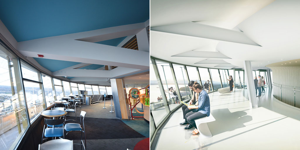 Before and After: Interior 520-foot observation level. Courtesy of Space Needle LLC and Olson Kundig.