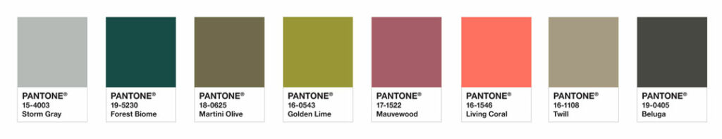 Immediately drawing our attention like a beacon of light, PANTONE Living Coral warmly engages, vivifying the palette as it becomes the focal point in this understated and upscale, composed and cool color grouping.