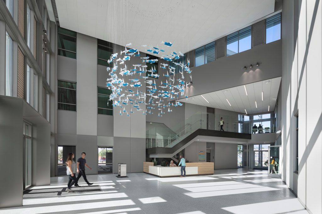 The art installation “Between Wind and Water” by Kipp Kobayashi, hangs in the lobby of the new County of San Diego Health and Human Services Agency. Credit: Lawrence Anderson Photography 