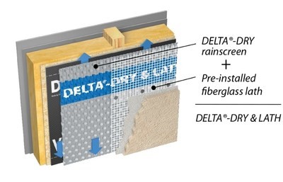 DELTA®-DRY & LATH combines the proven technology of the DELTA®-DRY rainscreen with an innovative fiberglass lath to deliver a new one-step moisture-control solution