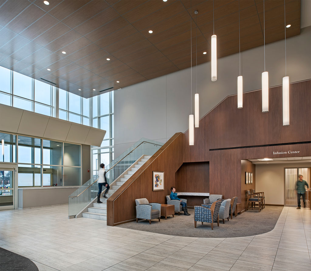 Entry Lobby of the Robert H. and Judy Dow Alexander Cancer Center at the St. Joseph Mercy Ann Arbor Hospital. Photo credit: John D'Angelo