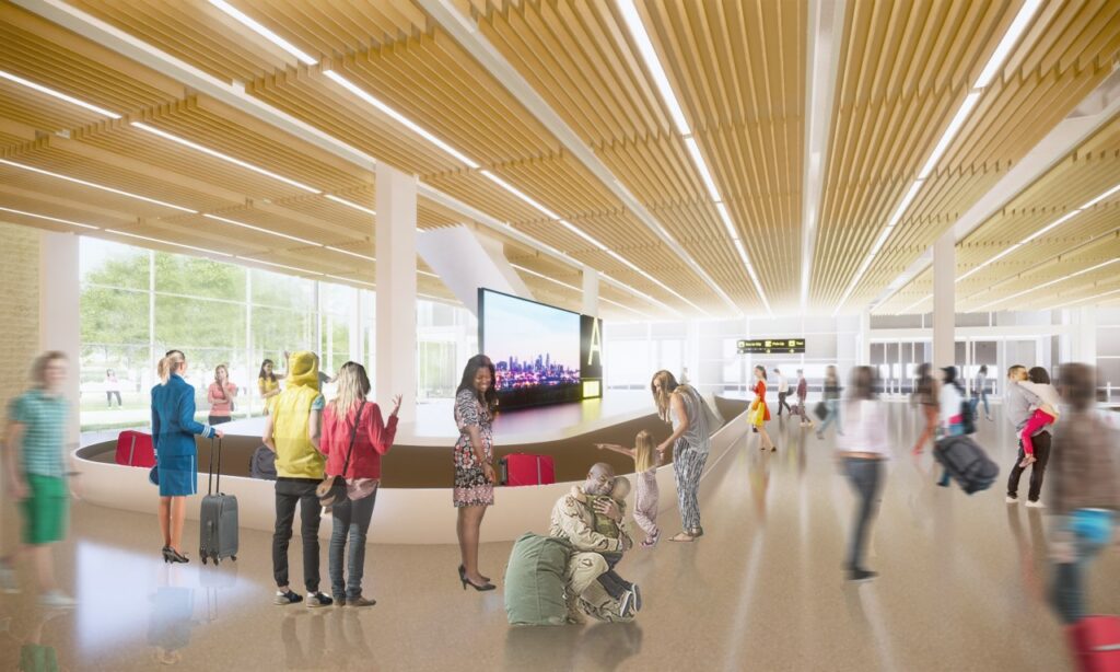 Rendering of KCI new terminal baggage claim hall. Rendering credit: Skidmore, Owings & Merrill