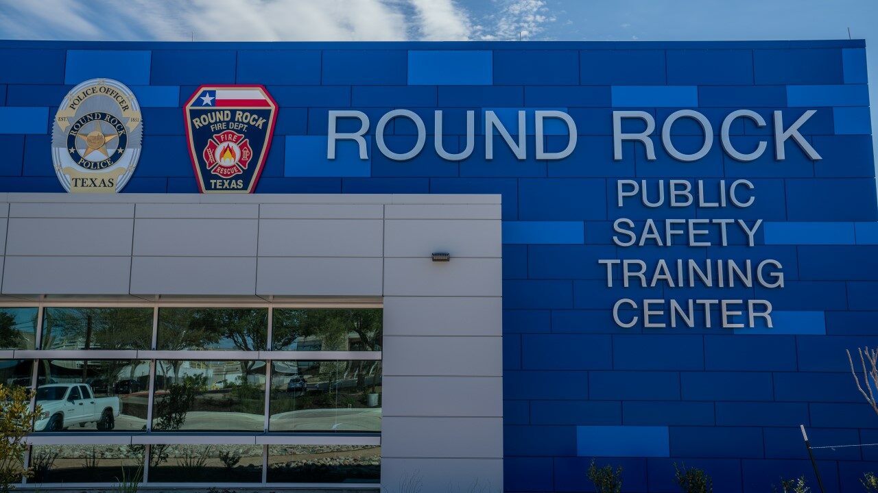 Public Safety Training Center in Texas clad in blue and gray metal wall