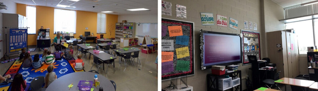 At left: User comments at classrooms with punched windows and controls, showed much higher satisfaction with daylighting. At right: Blinds were added to classrooms but were left permanently shut above light shelves and inaccessible. Despite this, content on smartboards is not visible from parts of the classroom.