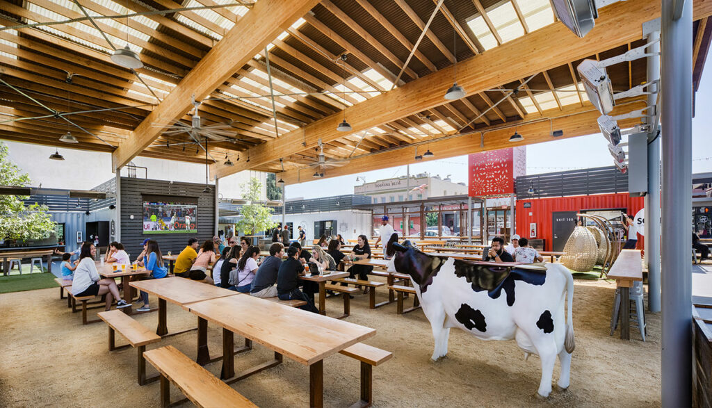 SteelCraft Bellflower’s communal dining area nods toward the city’s dairy-farming roots. Photo by Studio One Eleven