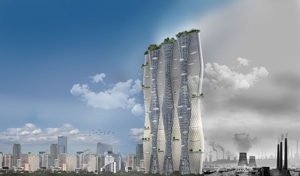 Sanatheon Vertical City by Desitecture is an experimental design featuring a living algae wall, and a biomass algae converter to supply the building’s energy, in conjunction with solar panels. Its central core turbines draw air through the buildings’ cores and its towers act as ionisation veils attracting and absorbing the particles which form the vast dust cloud which plagues Beijing. Image credit: Desitecture