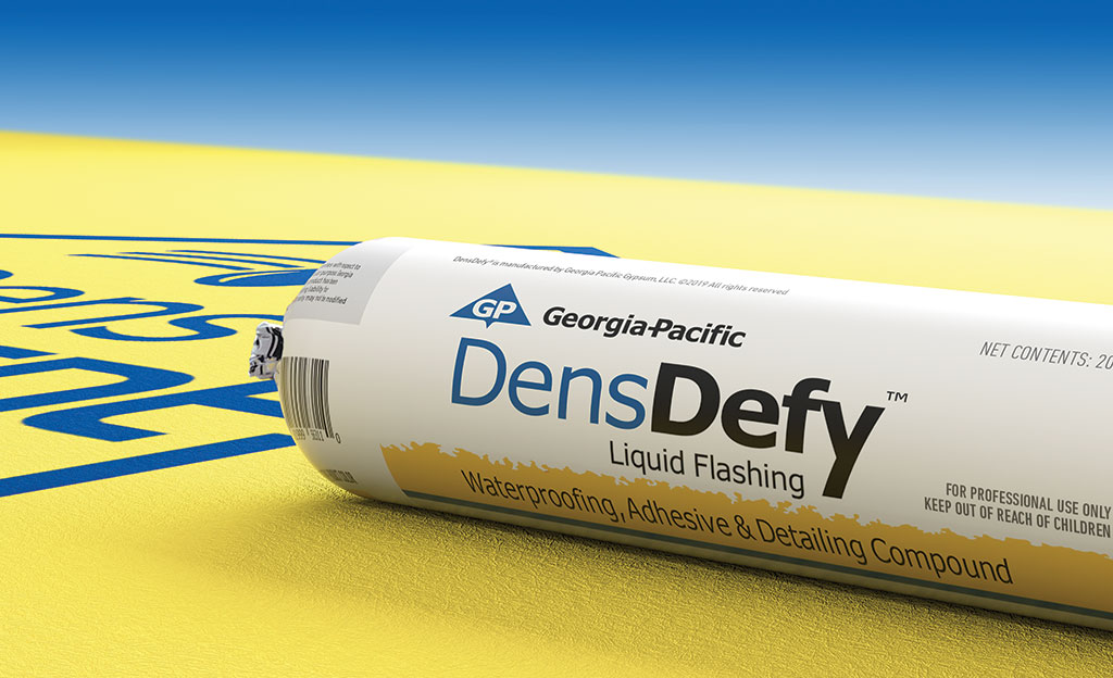 DensDefy™ Liquid Flashing is a flexible, liquid flashing membrane made with STP Technology that seals and protects against water intrusion between substrates which seals rough openings, penetrations, joints, sheathing fasteners and seams in new or existing wall assemblies, and prevents unwanted air movement as part of the DensElement® Barrier System. Courtesy of Georgia-Pacific Building Products