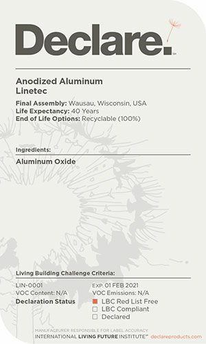 Linetec's anodized aluminum finishing earns Declare Label as LBC Red List Free