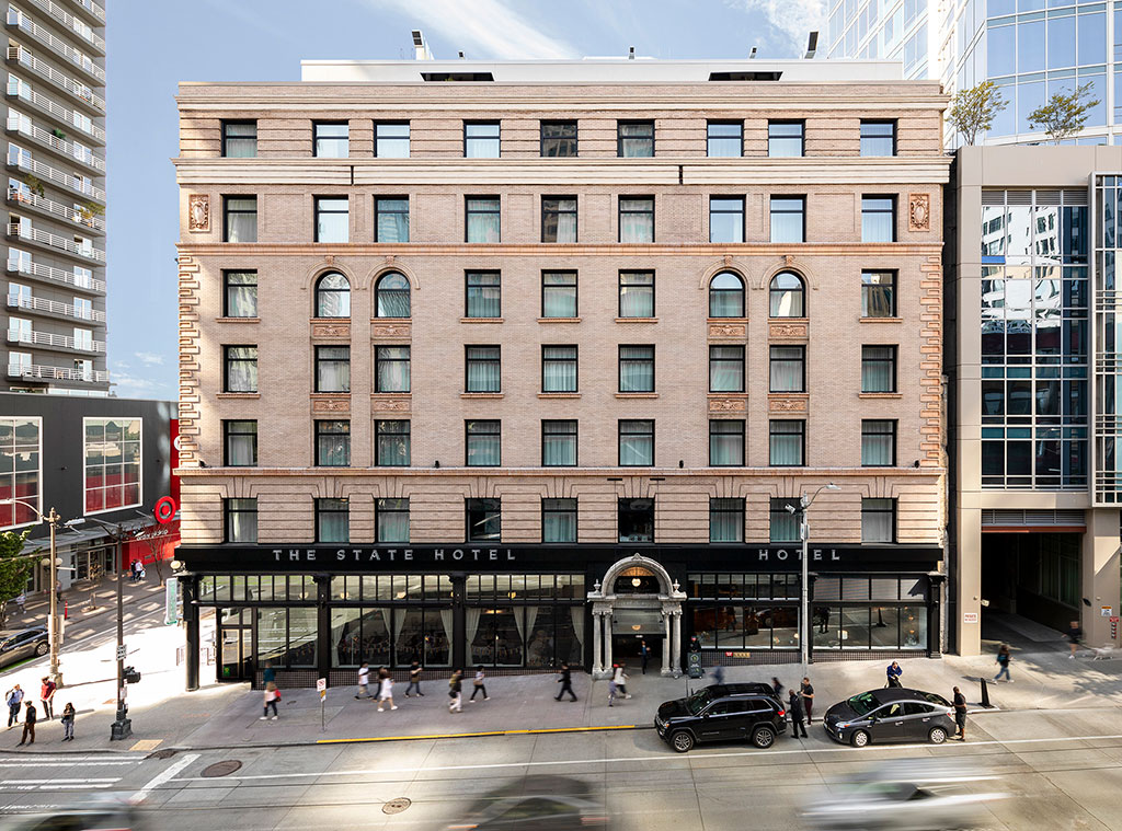 In April of 2019, the newly restored Eitel Building in Seattle reopened as the State Hotel, supported by the Ben Paris Restaurant, its name paying homage to one of the building’s previous restaurant tenants. Photo credit: Andrew Nam