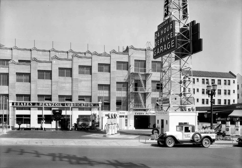 The historic garage was originally part of Pellissier Square, which also included the Wiltern Theater. Historic photo by Dick Whittington Studio.