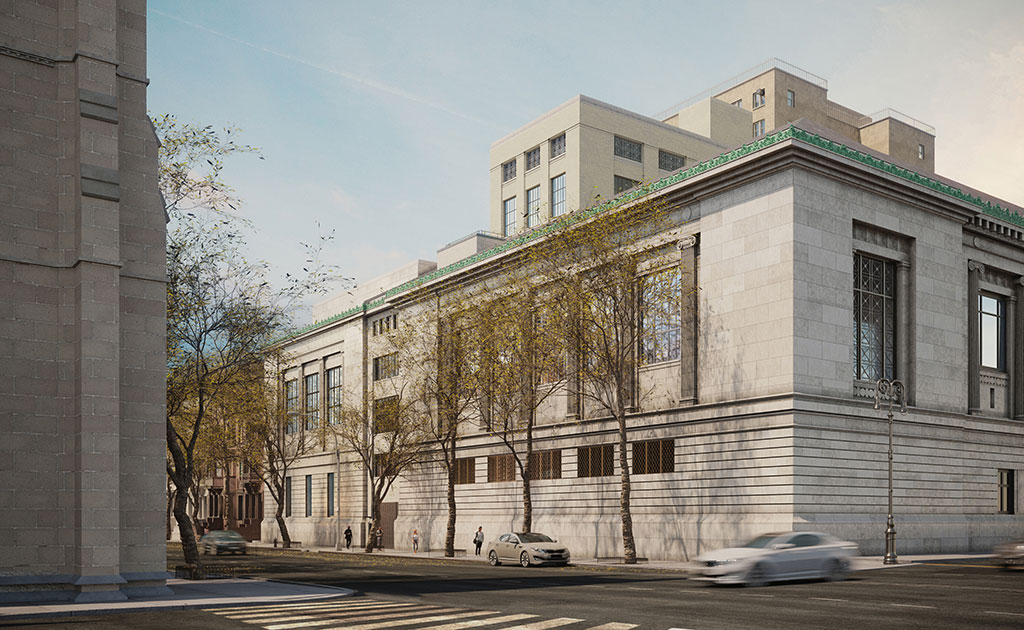 The New-York Historical Society expansion by Robert A.M. Stern Architects as viewed from CPW. Image courtesy of Alden Studios for Robert A.M. Stern Architects.